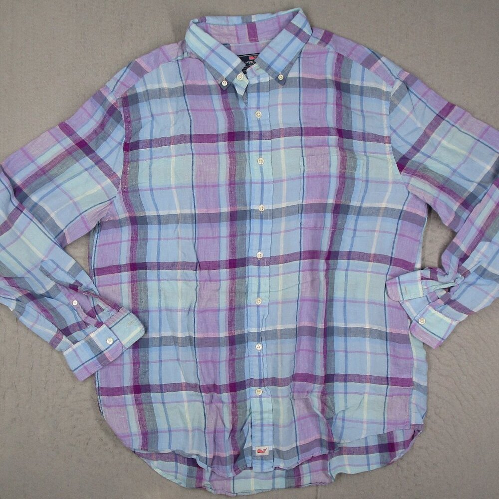 Vineyard Vines Shirt Mens XL Blue Linen Classic Fit Murray Button Up Long Sleeve